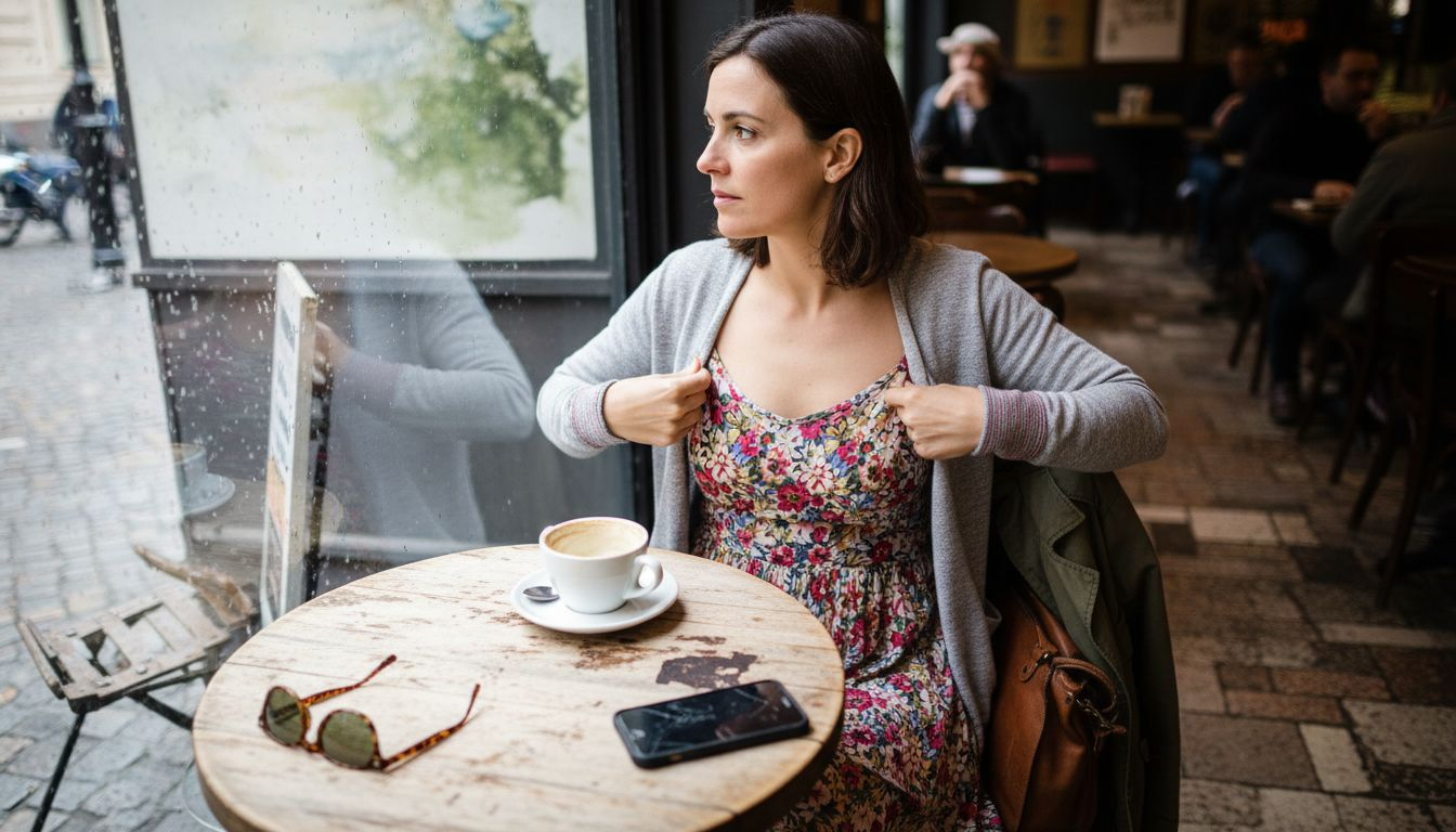 Woman adding cardigan over sundress in cafe