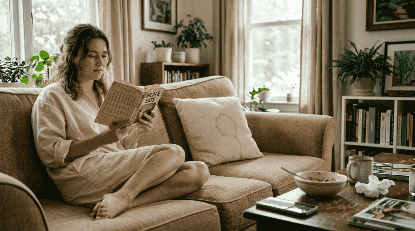 Woman lounging in oversized cream shirt dress