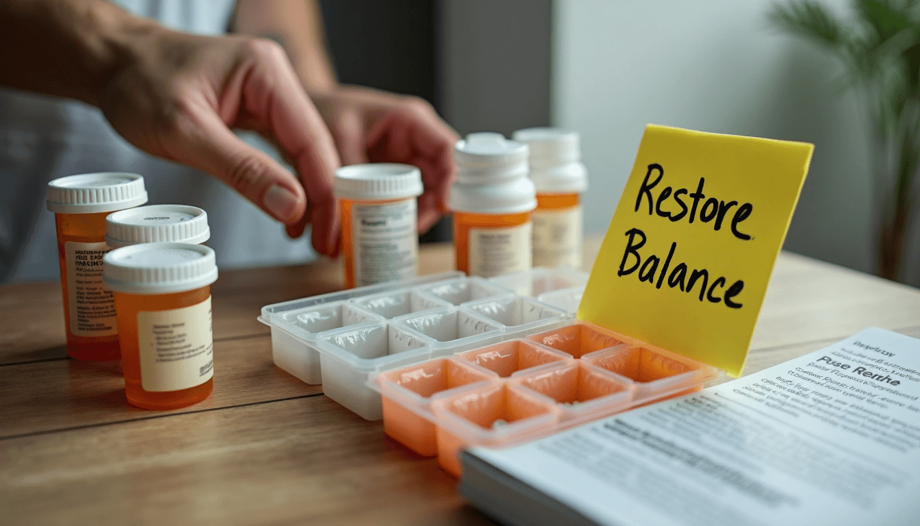 PCT medications on countertop with Restore Balance note