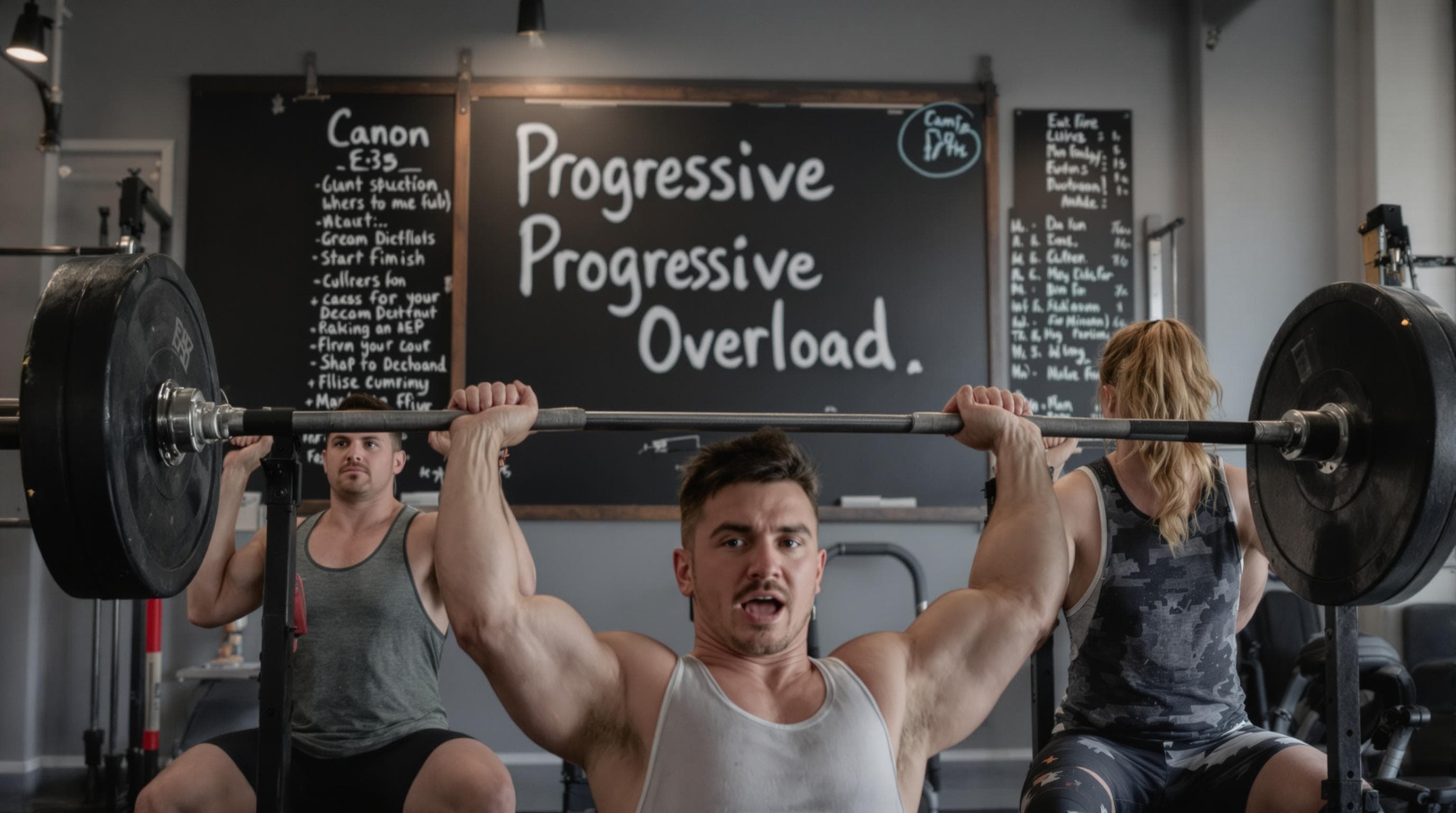 Group performing compound lifts, 'Progressive Overload' written on gym
chalkboard