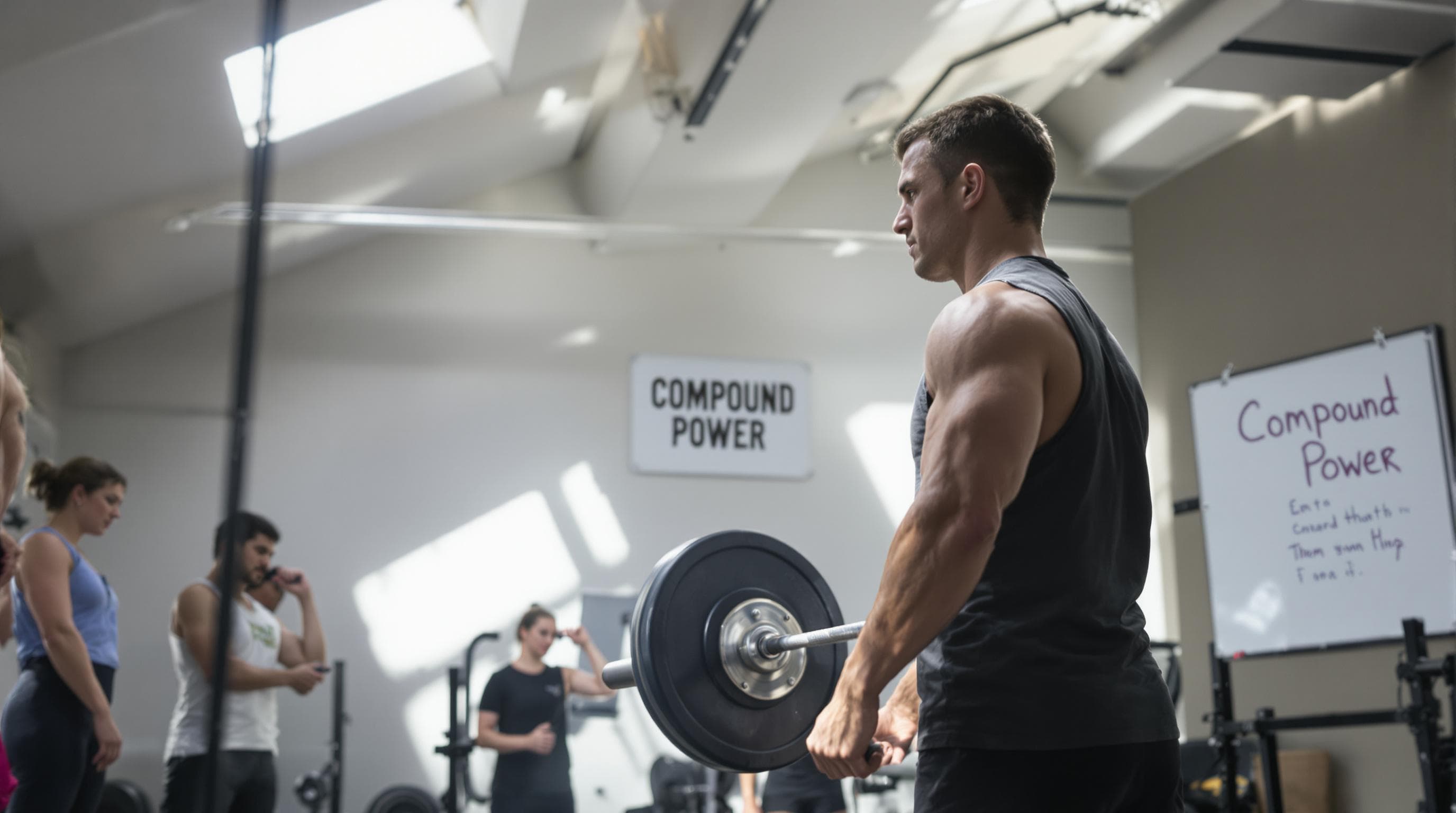 Trainer coaching compound lifts with ‘Compound Power’ message on whiteboard