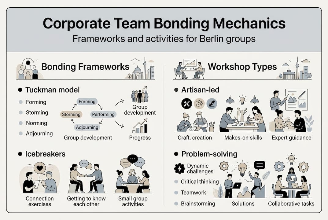 Infographic showing team bonding frameworks and workshop types