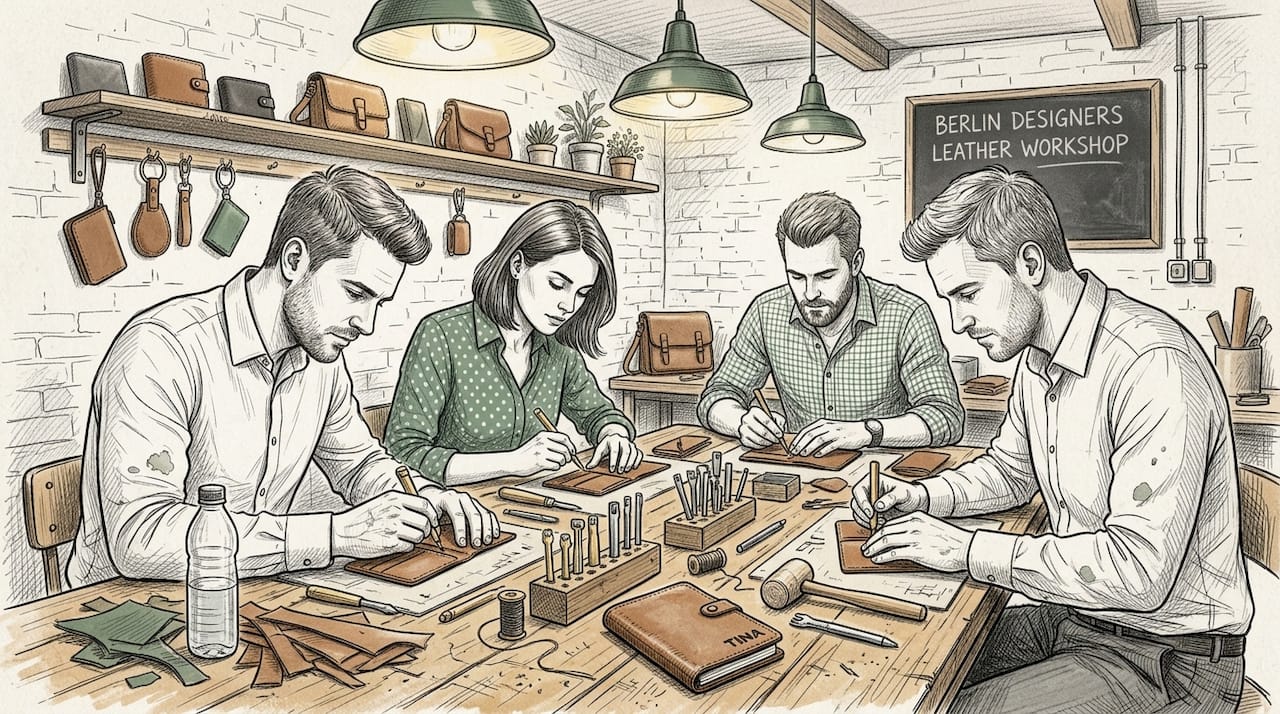 Colleagues making leather wallets together