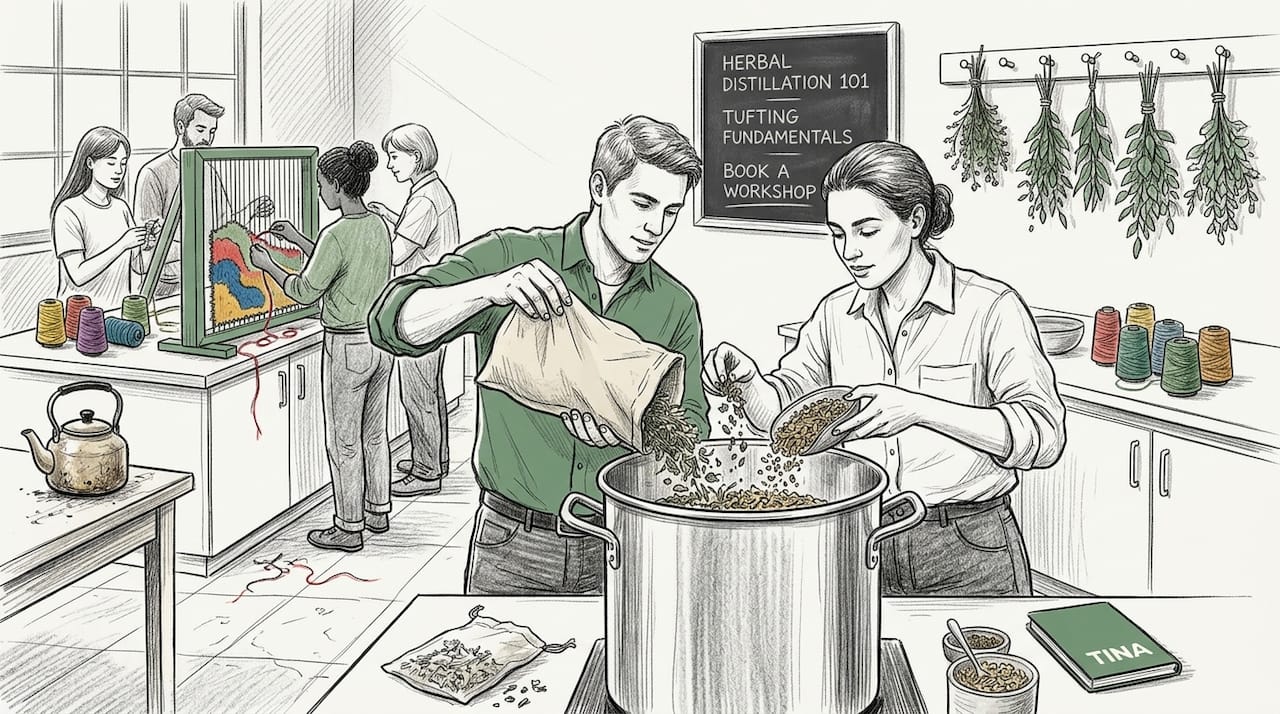 Colleagues making gin and tufted rugs in studio