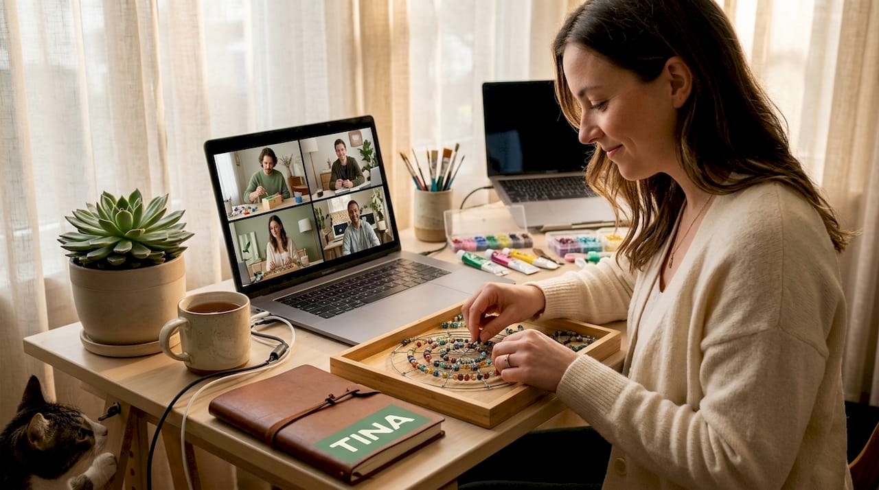 Remote team on video call doing crafts