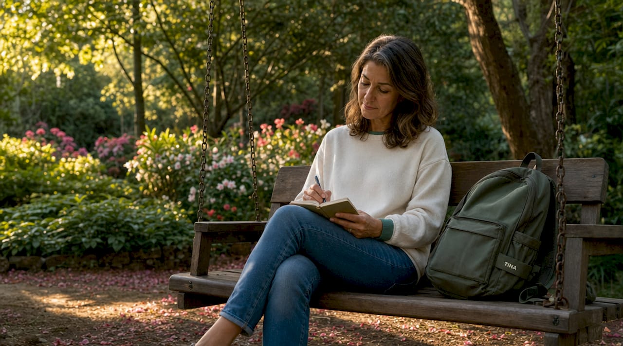 Woman reflecting quietly on nature walk bench