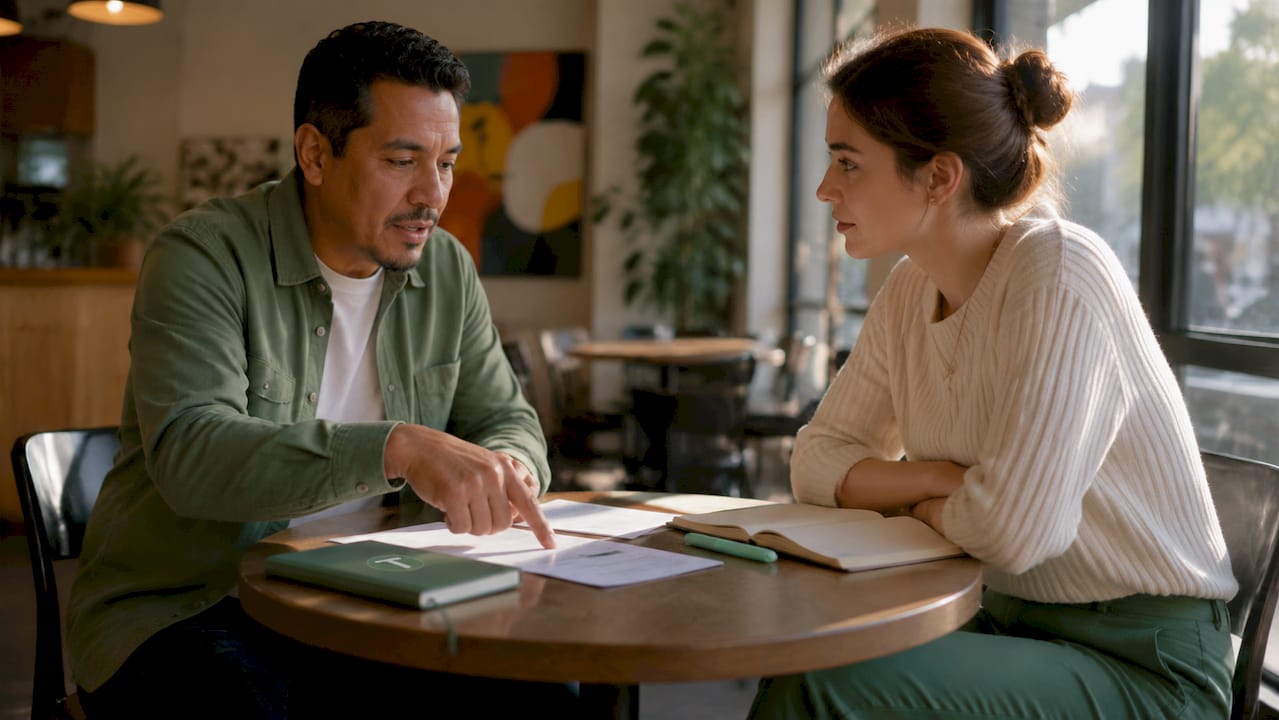 Two colleagues discuss quarterly meeting agenda