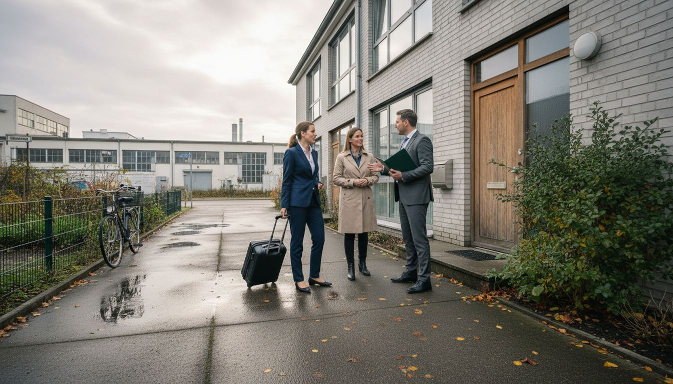 Geschäftsleute treffen in den Werksunterkünften in Wolfsburg ein.