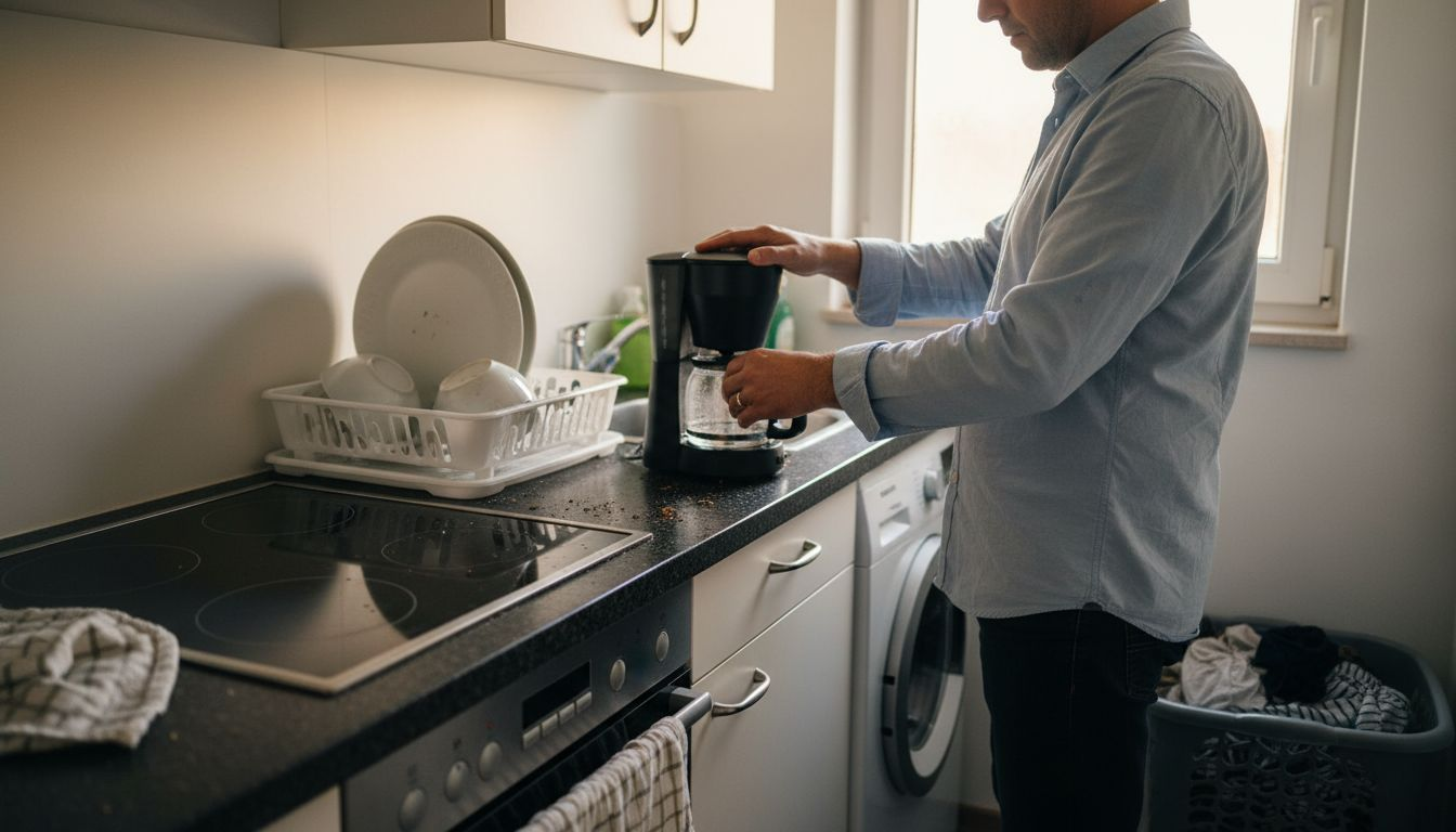 Ein Mitarbeiter bereitet sich in der gut ausgestatteten Firmenküche einen frischen Kaffee zu.