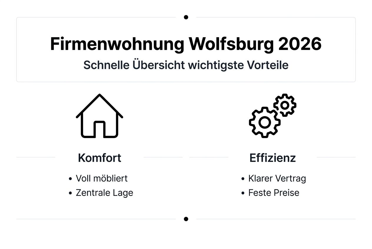 Die Infografik veranschaulicht die Vorteile einer Firmenwohnung in Wolfsburg.