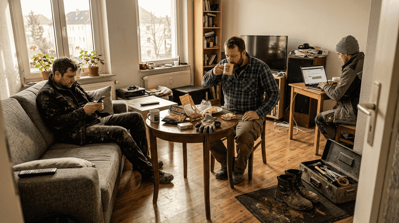 Arbeiter genießen ihre wohlverdiente Pause in einer Wolfsburger Wohnung.