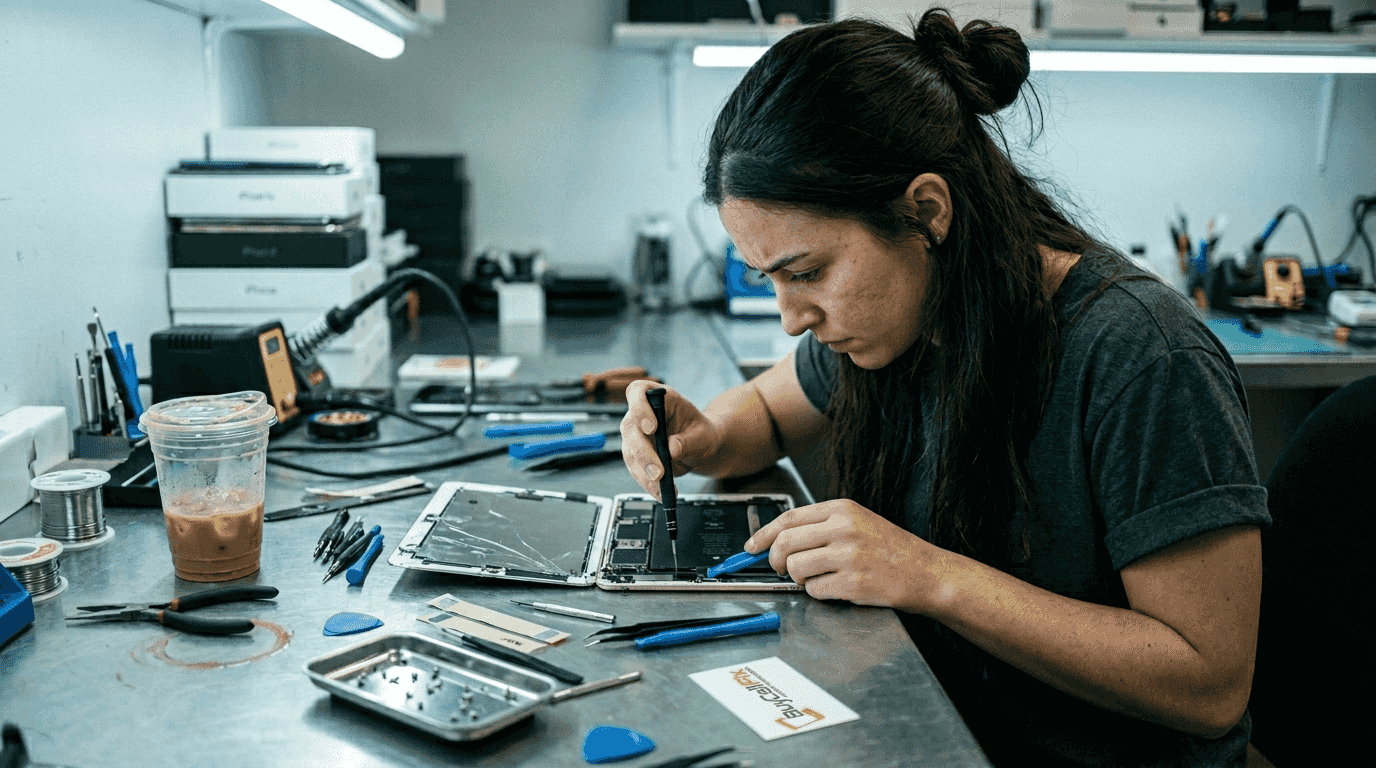 Technician replacing cracked tablet screen