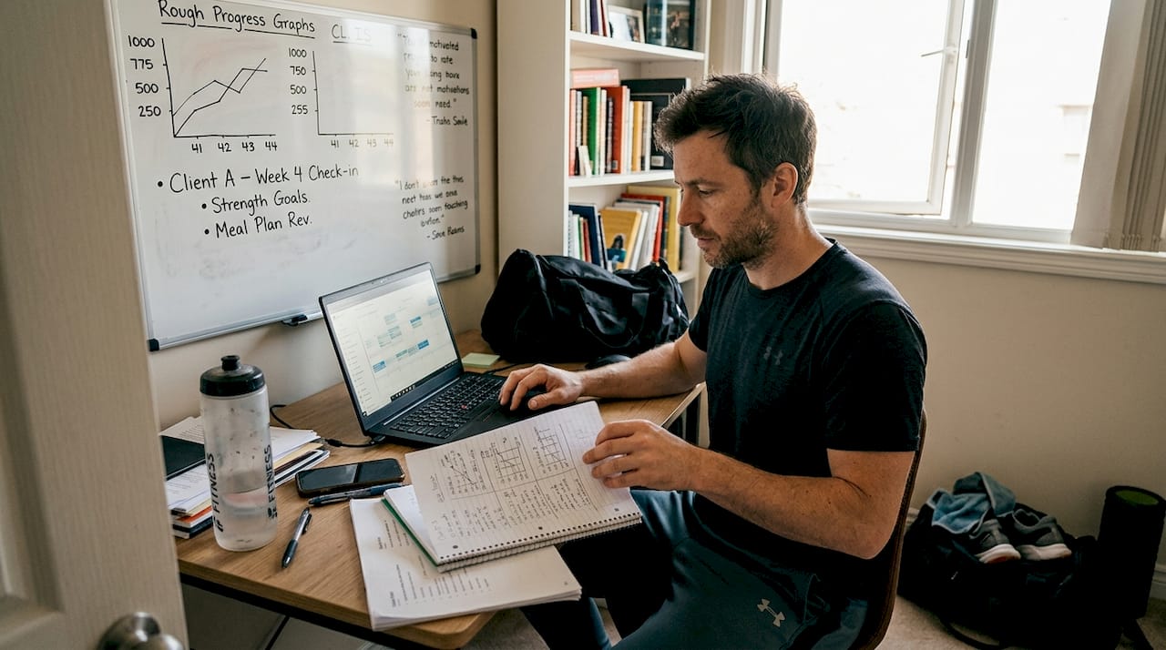 Trainer reviewing business tools at home office desk
