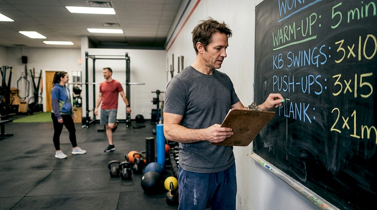 Trainer outlining session plan at gym chalkboard