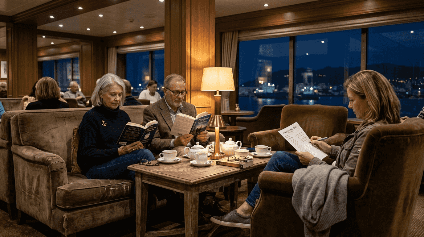Travelers relax in cruise ship lounge evening