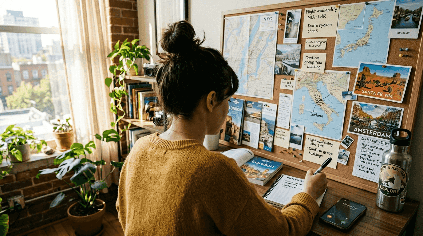 Advisor planning bespoke trips on corkboard