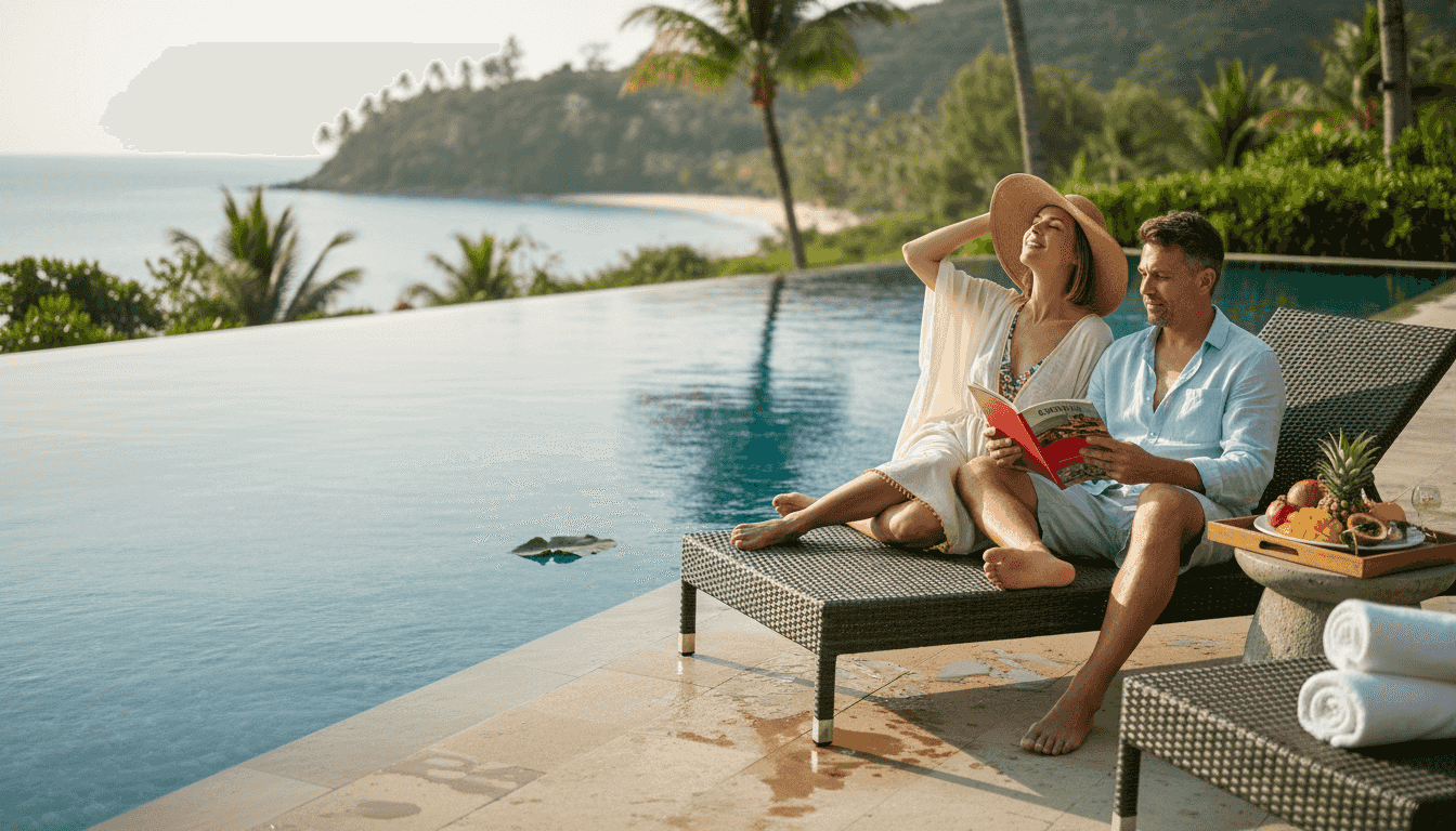 Couple by infinity pool at tropical resort