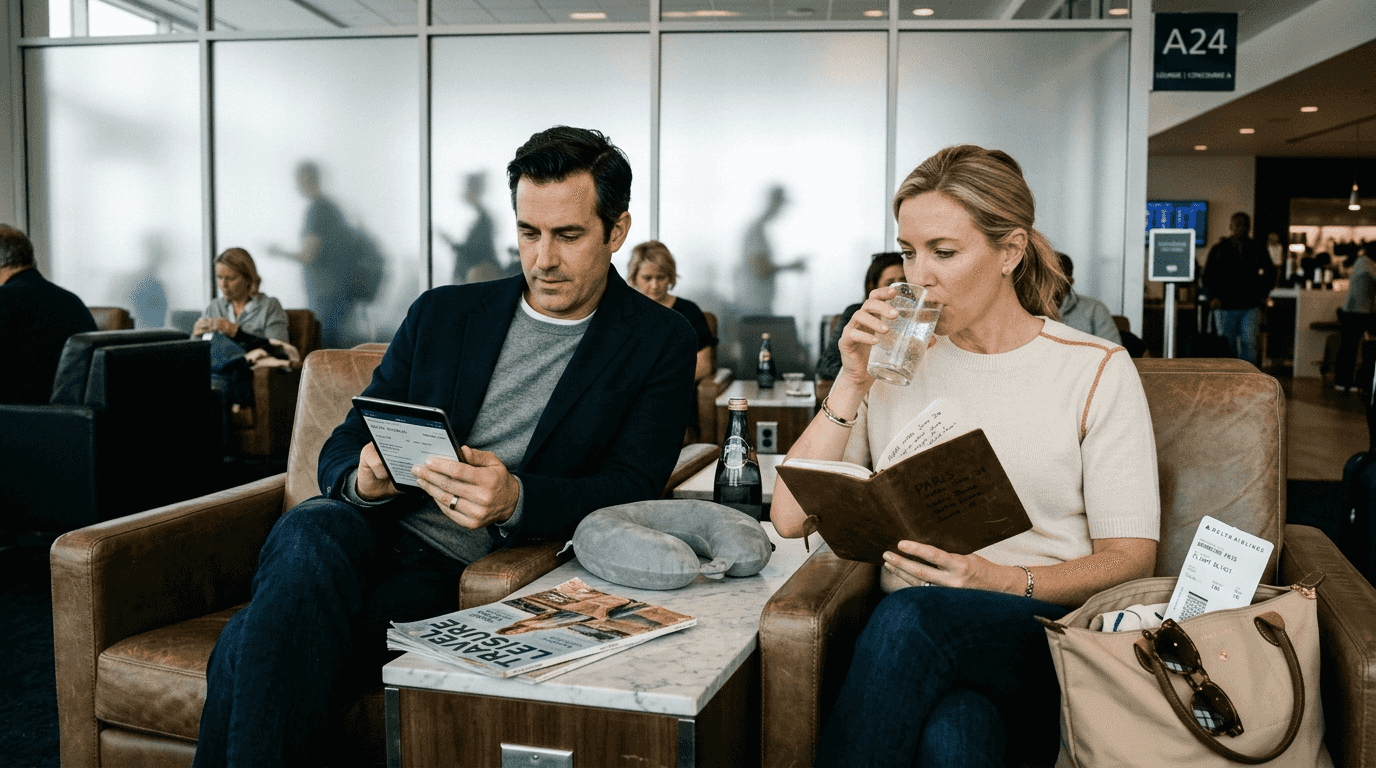 Couple reviews plans in airport lounge