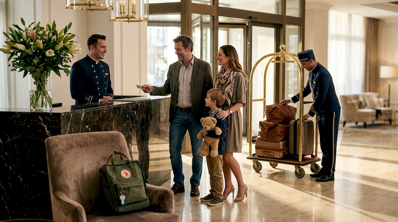 Family arriving at luxury hotel lobby