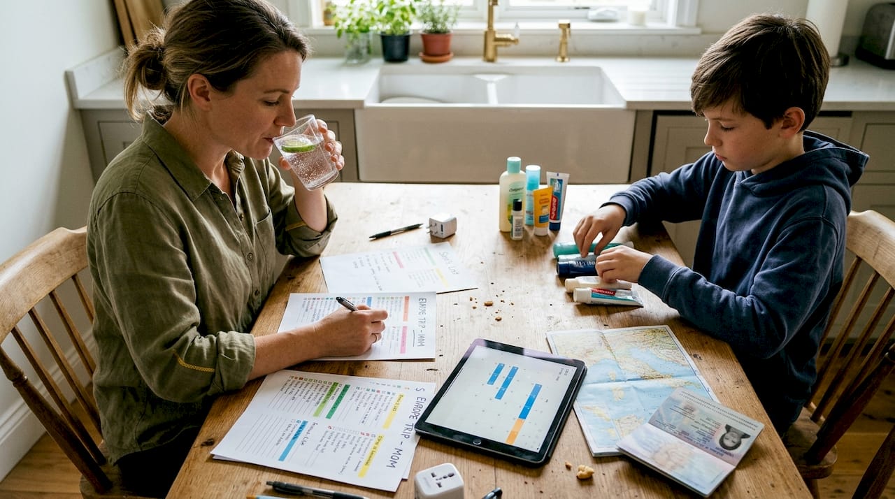 Mother and son reviewing luxury trip checklist
