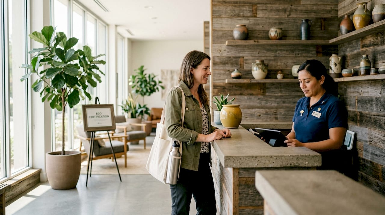 Guest checks in at eco-friendly lobby