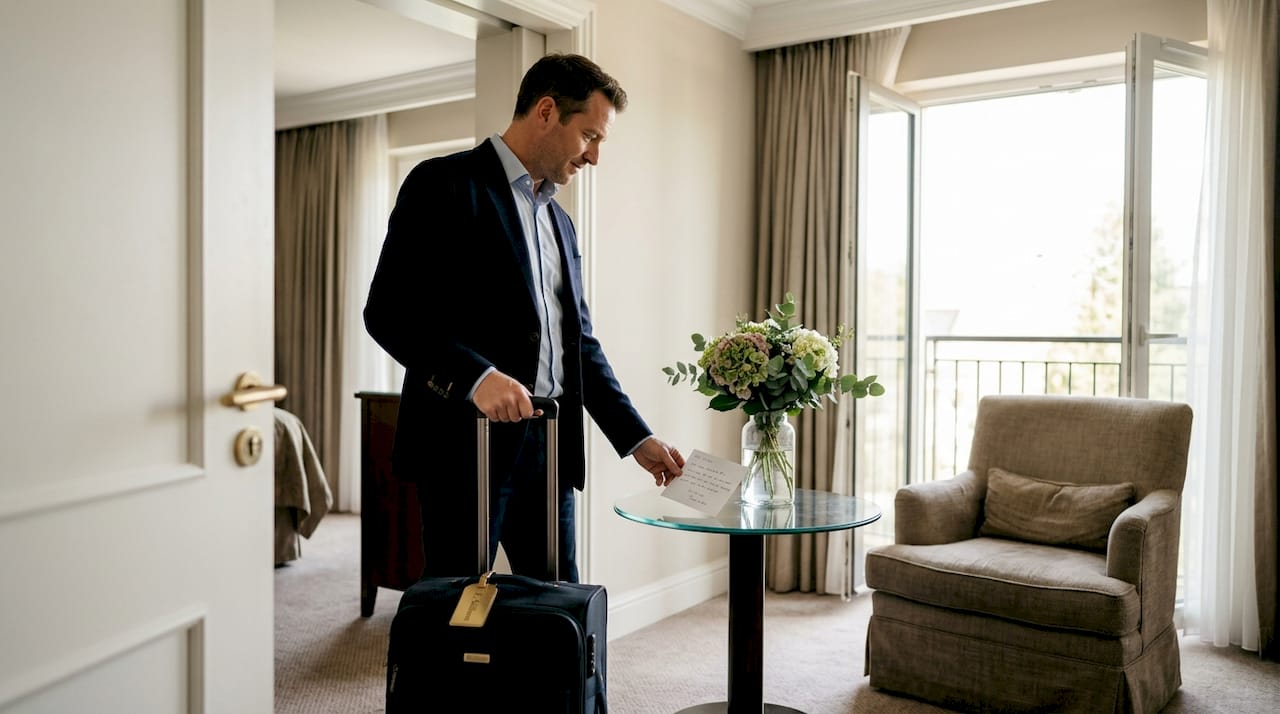 Guest arriving at luxury hotel suite