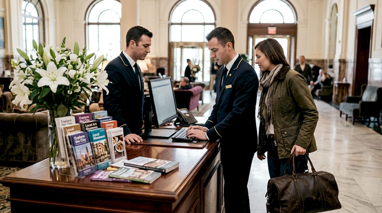 Hotel concierge assisting luxury travel guest