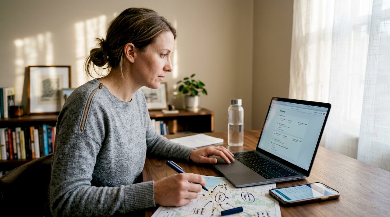 Woman planning travel on laptop in home office