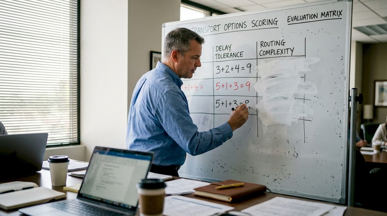 Travel manager scoring trip options on whiteboard