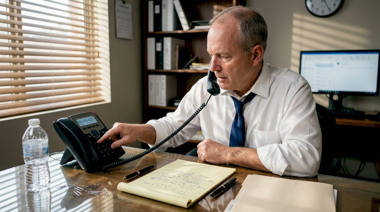 Hotel manager making guest call from office