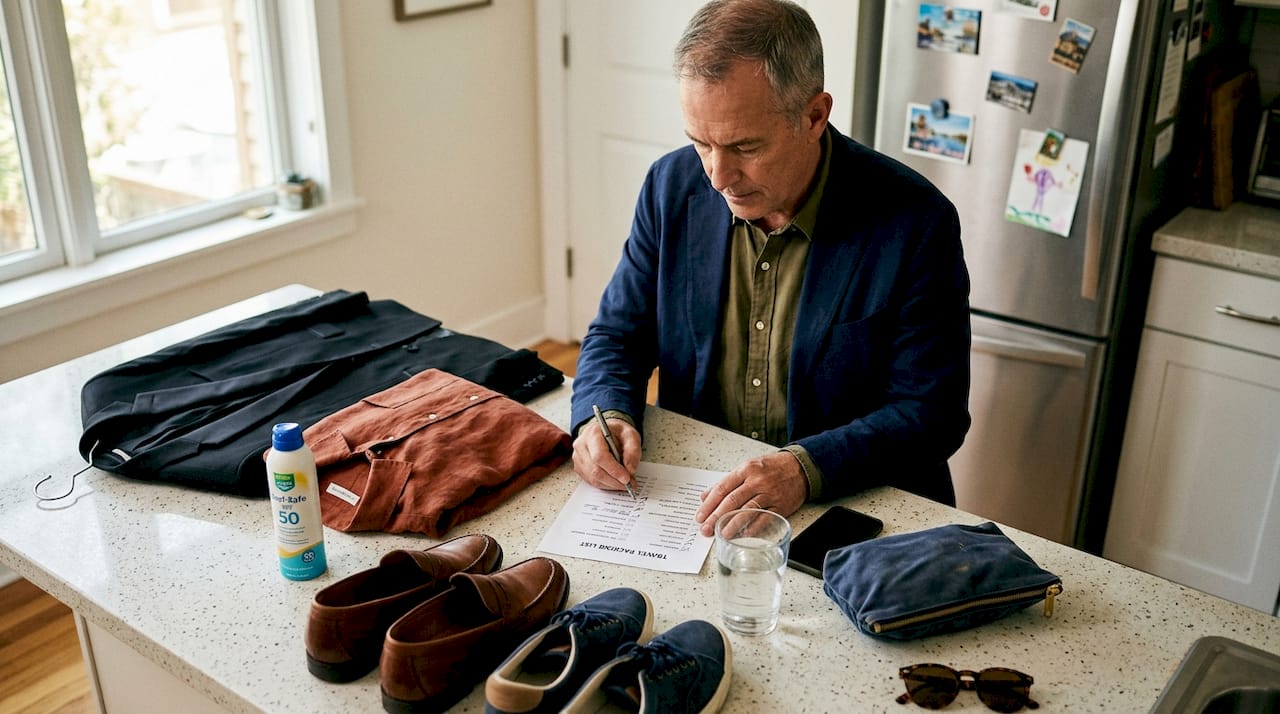 Traveler reviewing luxury cruise and safari packing items