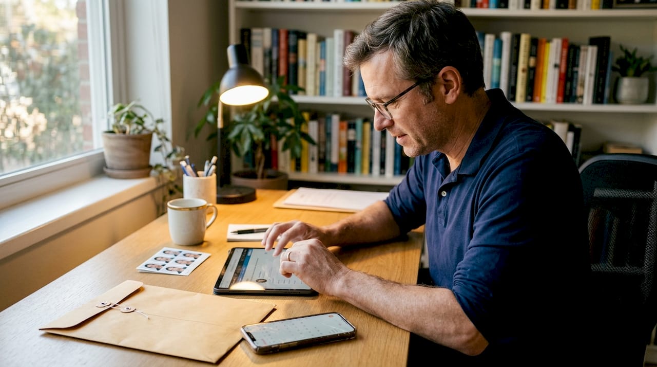Man updating travel details at desk