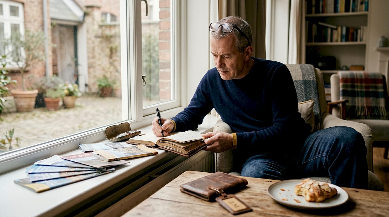 Man personalizing travel journal in living room