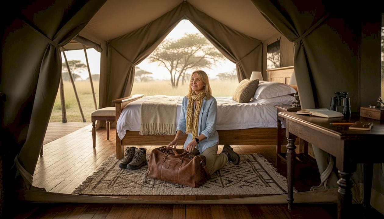 Traveler unpacking in safari tent suite