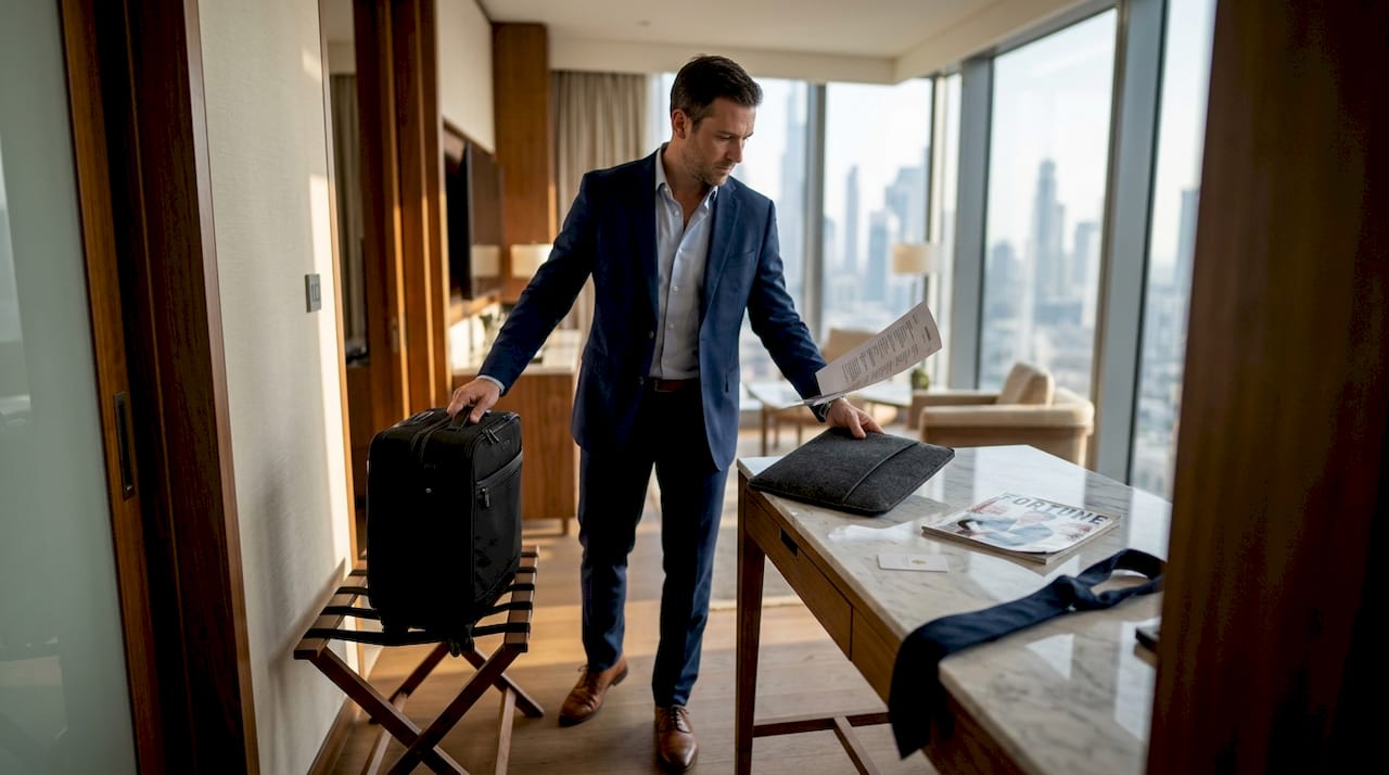 Executive unpacks in luxury hotel for business