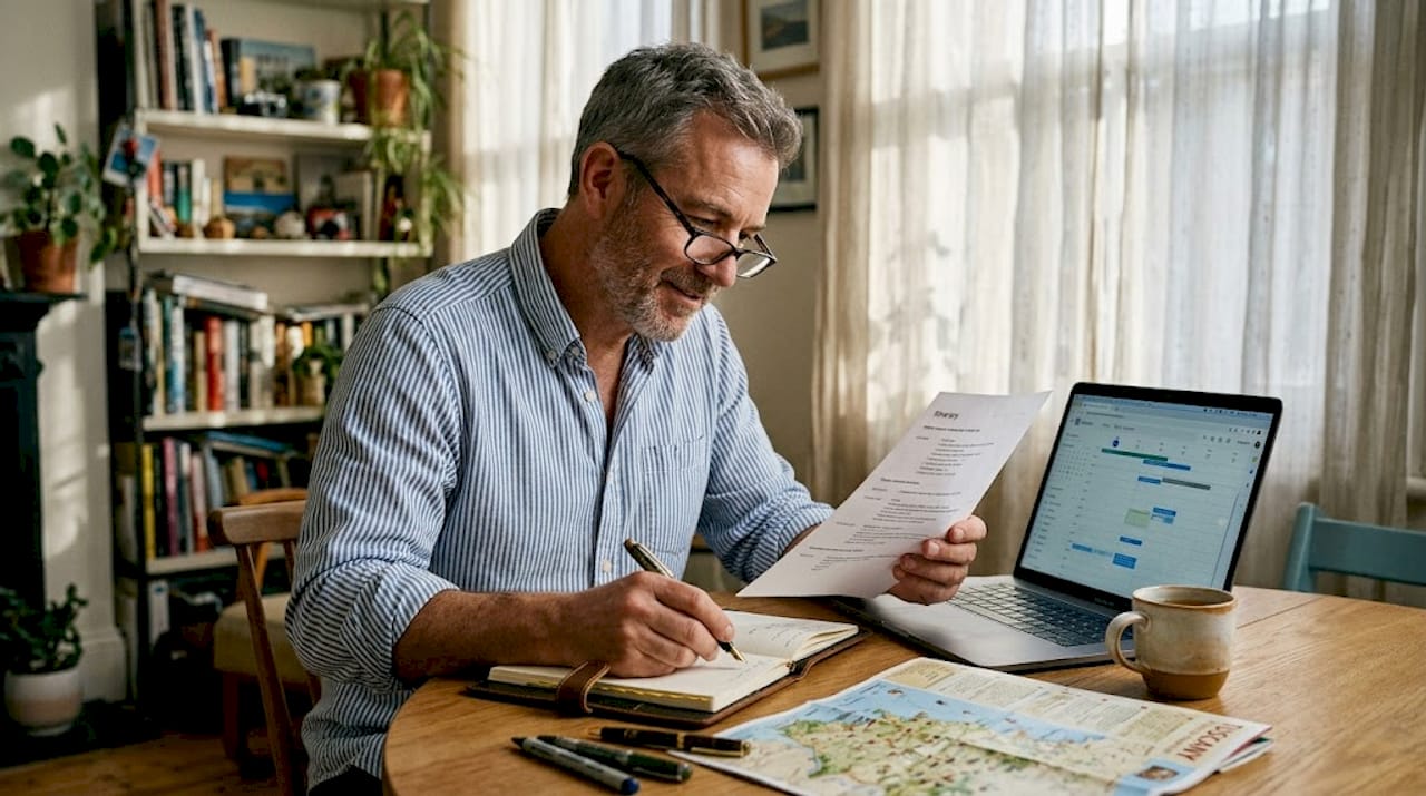 Travel advisor planning trip at kitchen table