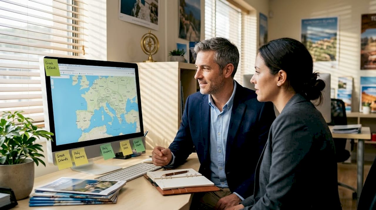 Travel advisor consulting with client at desk