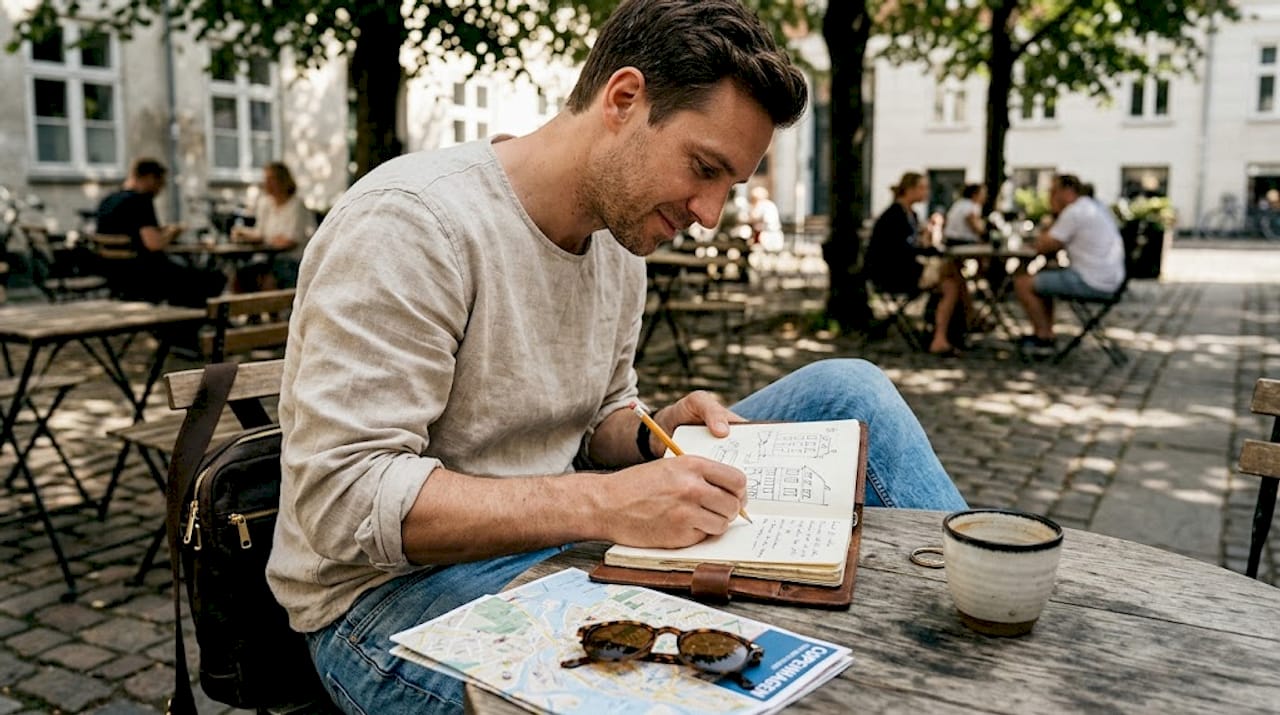 Man journaling travel plans at patio café