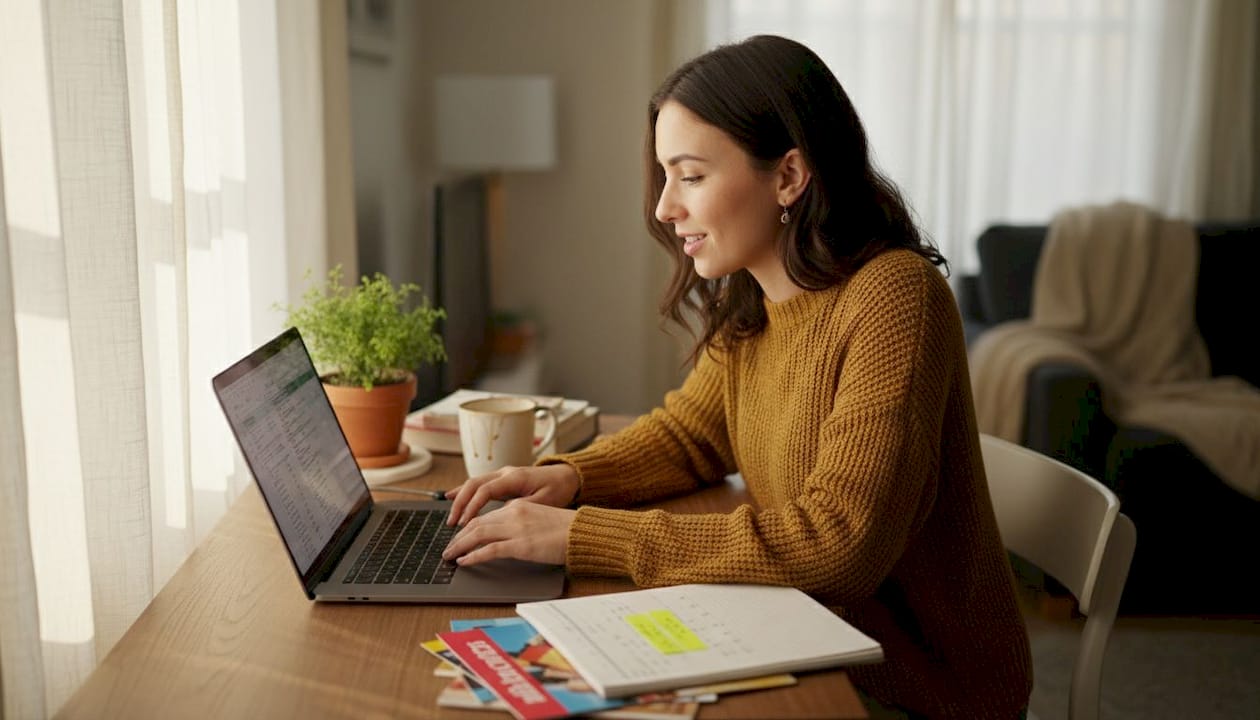 Woman working on honeymoon budget at desk