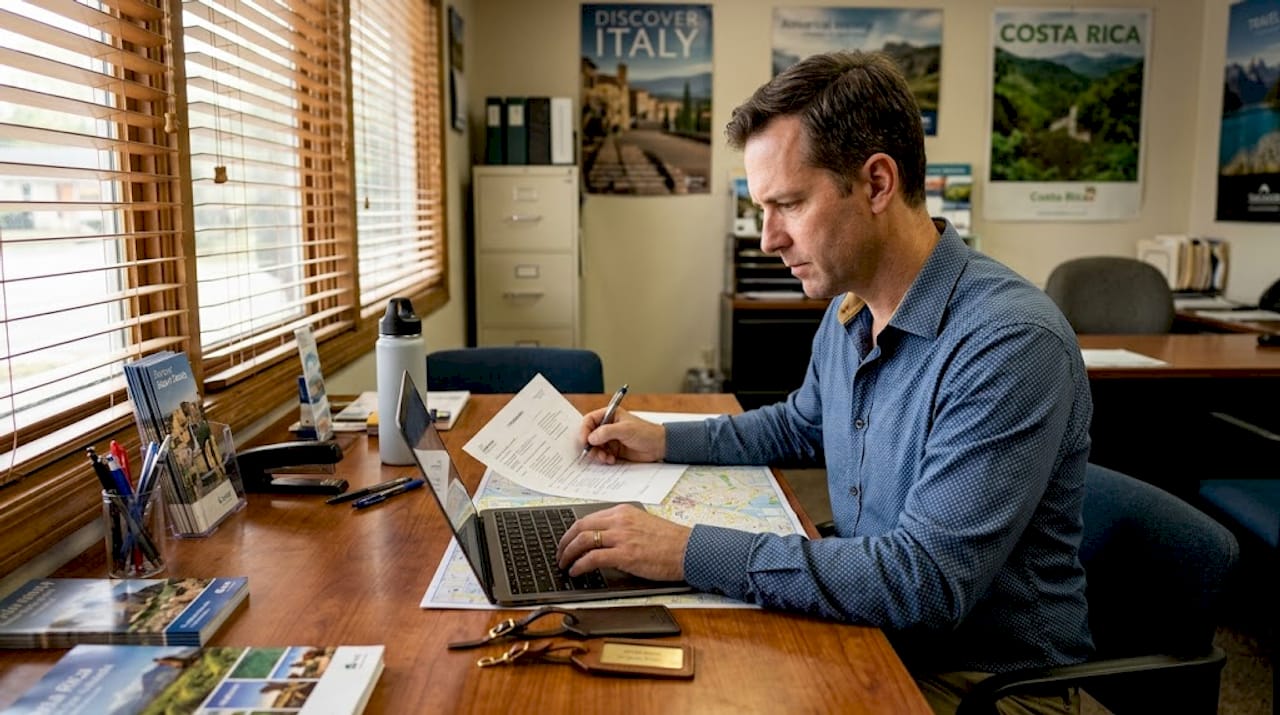 Travel coordinator planning client itinerary