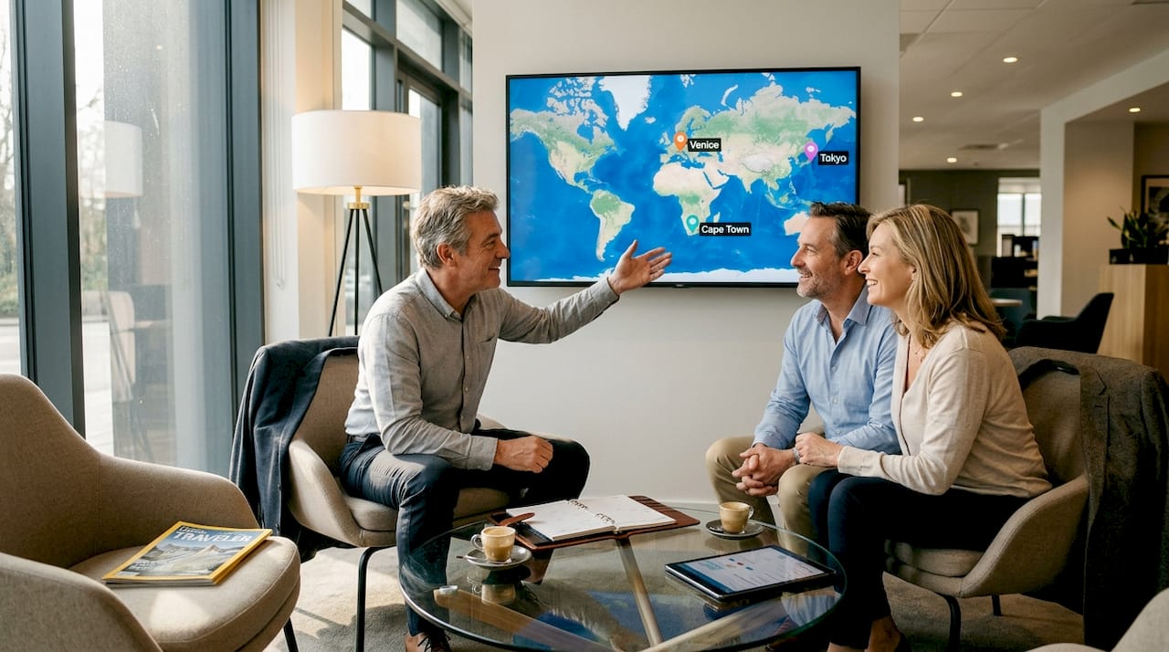 Travel advisor and clients discuss AI-powered trip