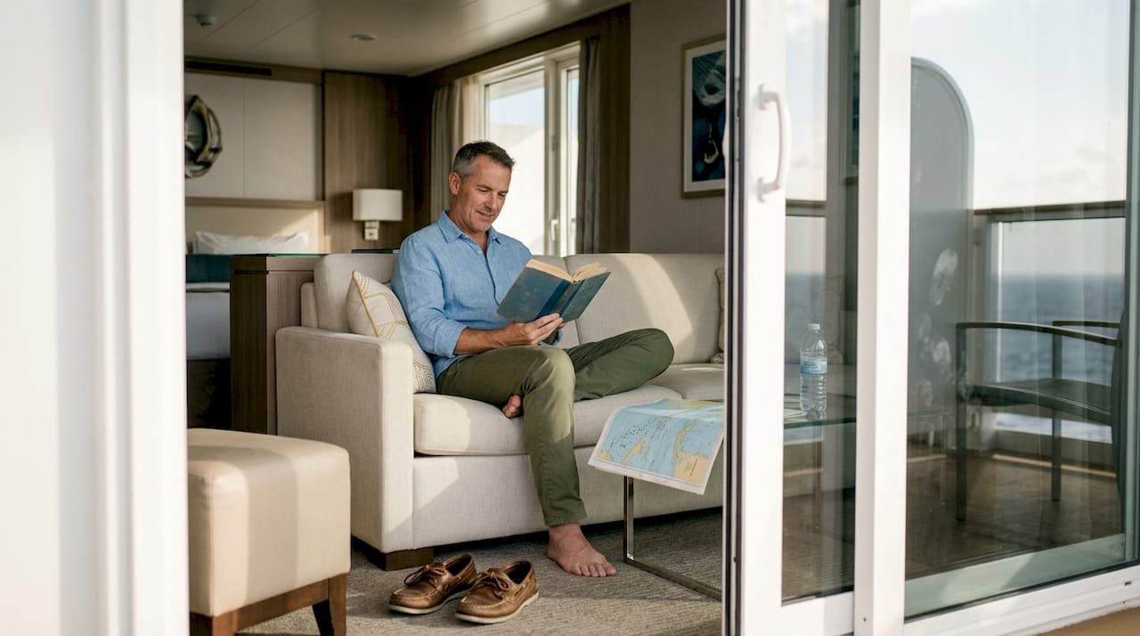 Traveler relaxing in spacious cruise suite