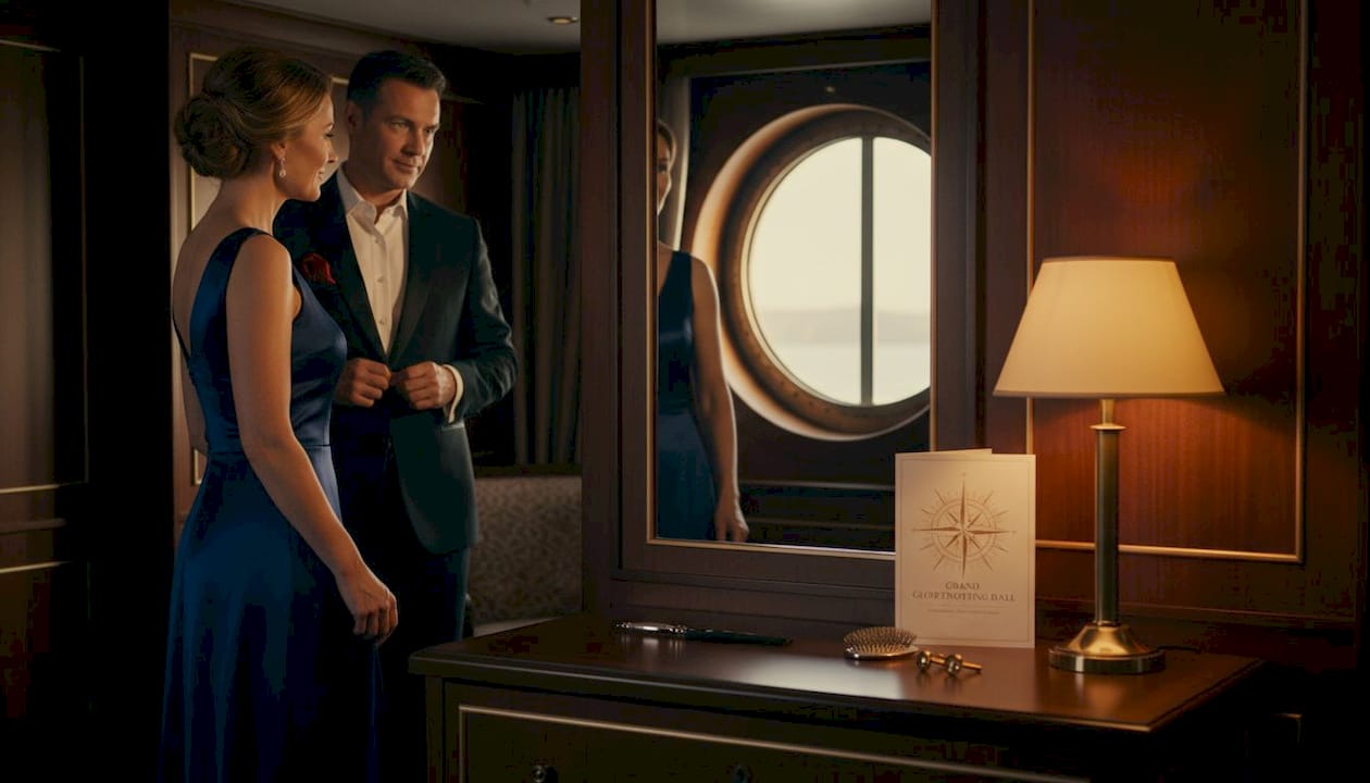 Couple dressing for cruise formal night