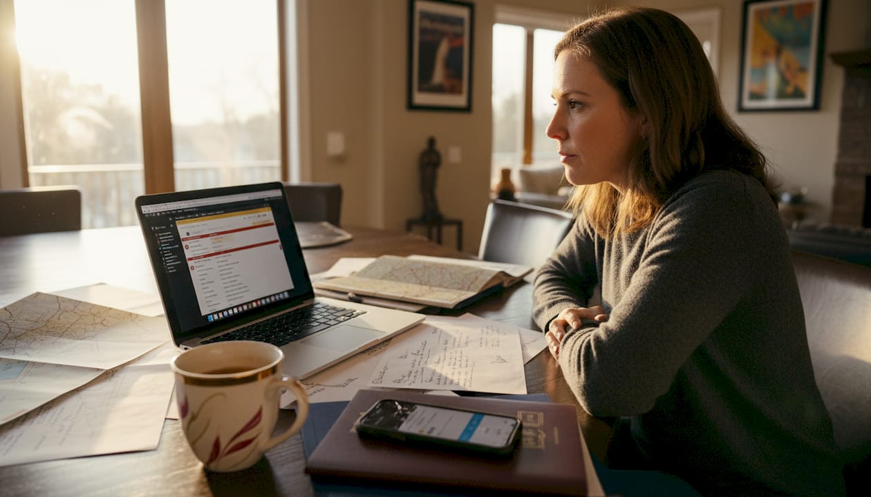 Woman reviews itinerary at kitchen workspace