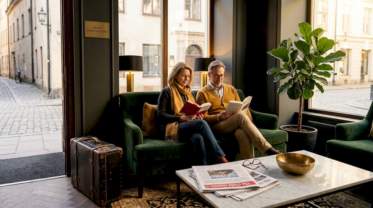 Couple reading in boutique hotel lounge