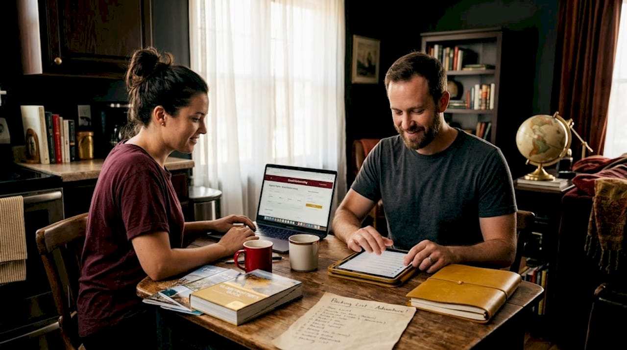 Couple planning honeymoon with travel materials