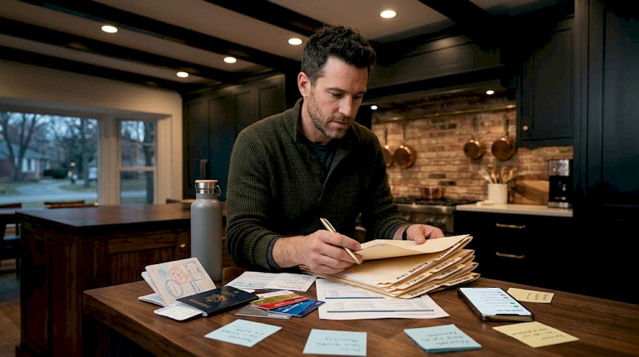 Sorting travel documents in bright kitchen setting