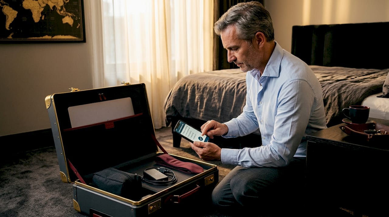 Traveler checking packing in hotel room