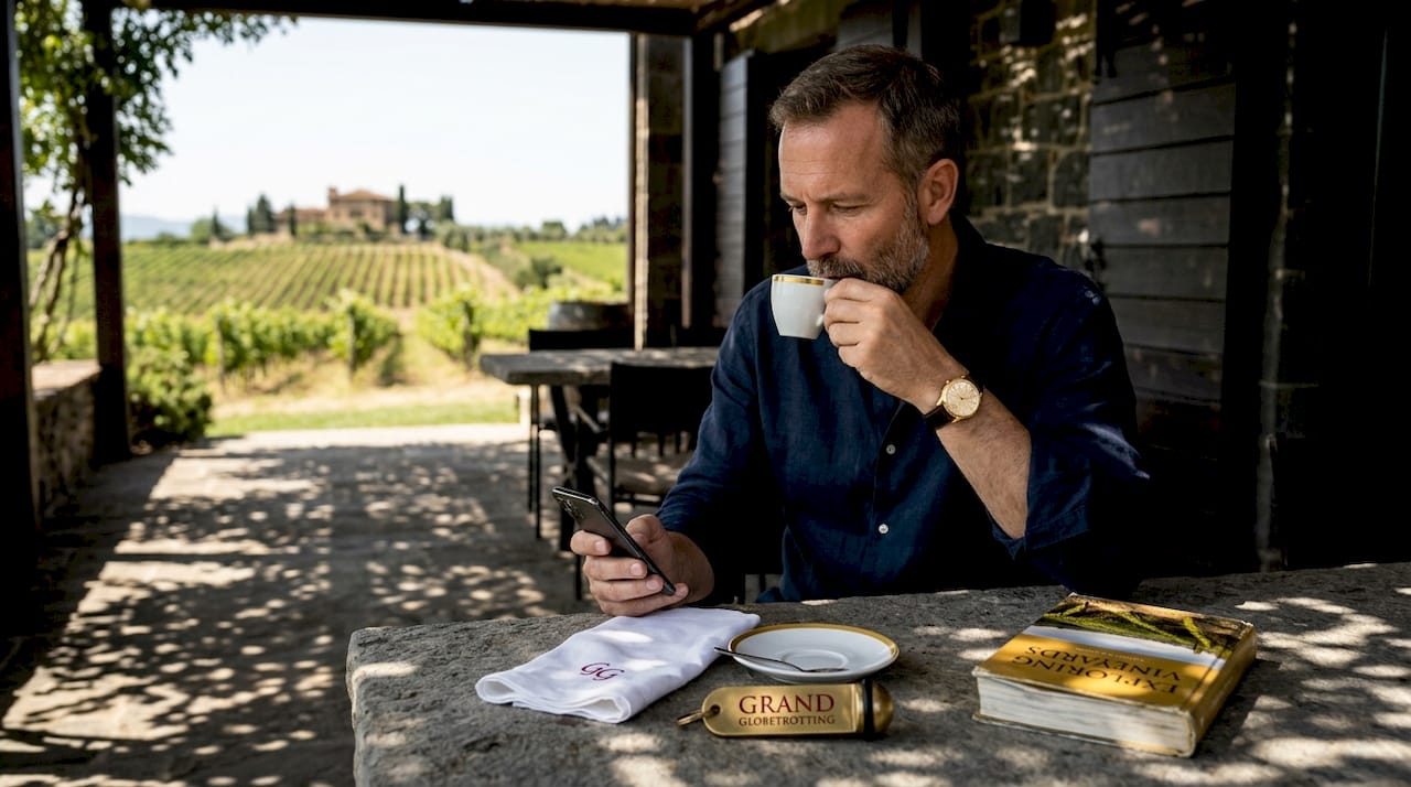 Traveler enjoys quiet private terrace moment