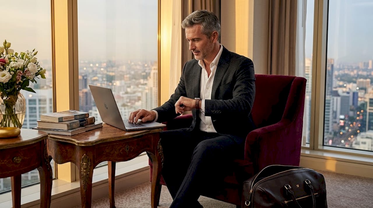 Business traveler manages trip from hotel suite